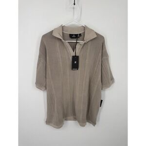 Represent Open Stitch Polo Mens Large Beige Cotton Knit Ribbed Short Sleeve NWT